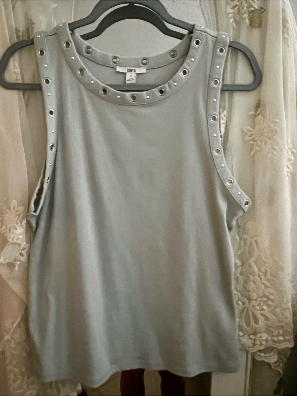 Bar III Light Gray Eyelet-Trim Sleeveless Tank